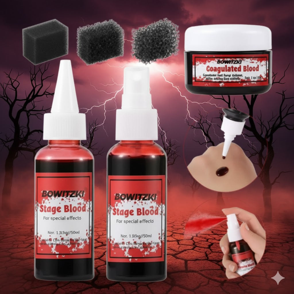 Faux sang réaliste – Kit 3 pièces : liquide, spray et sang coagulé SFX lavable