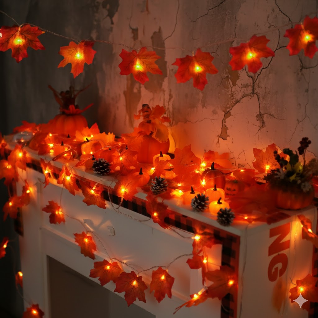 Guirlande lumineuse feuilles d’érable – 20 à 40 LED, étanche, déco d’automne et Halloween