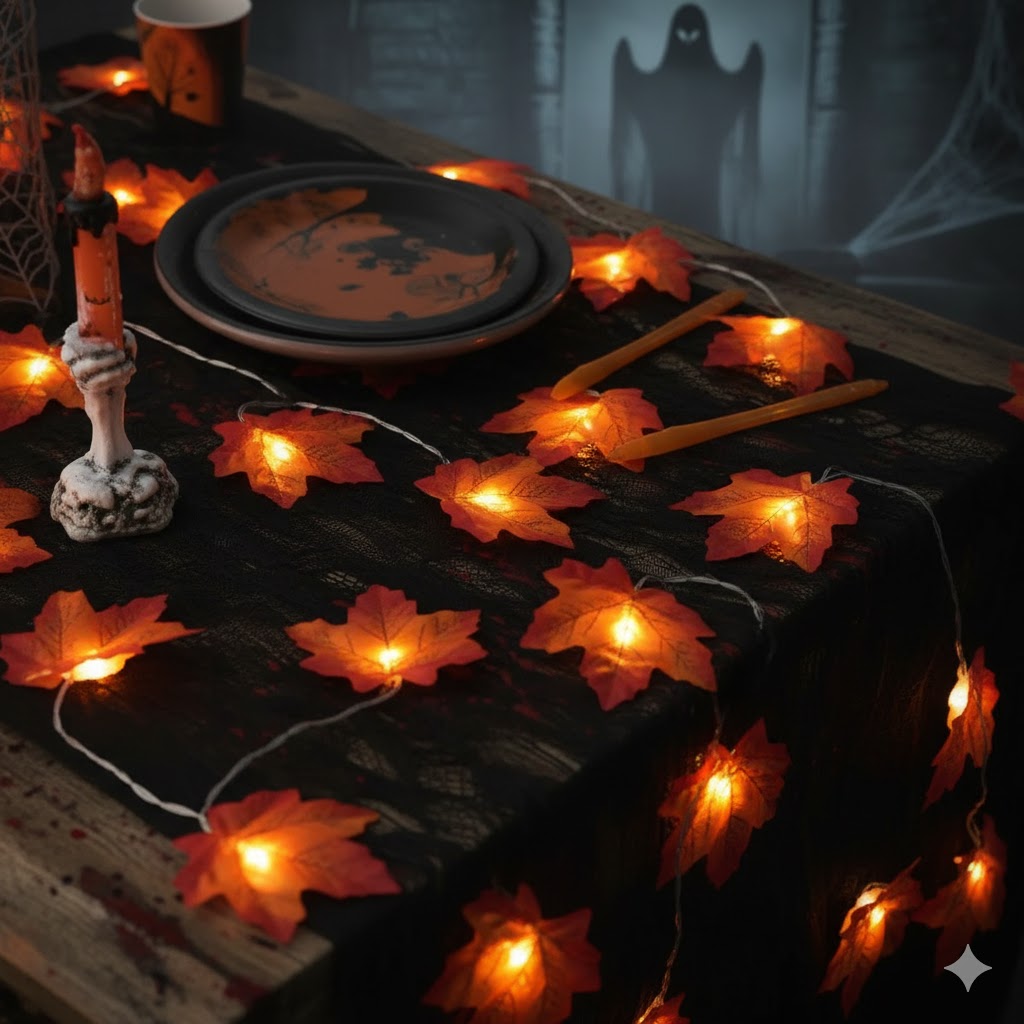 Guirlande lumineuse feuilles d’érable – 20 à 40 LED, étanche, déco d’automne et Halloween