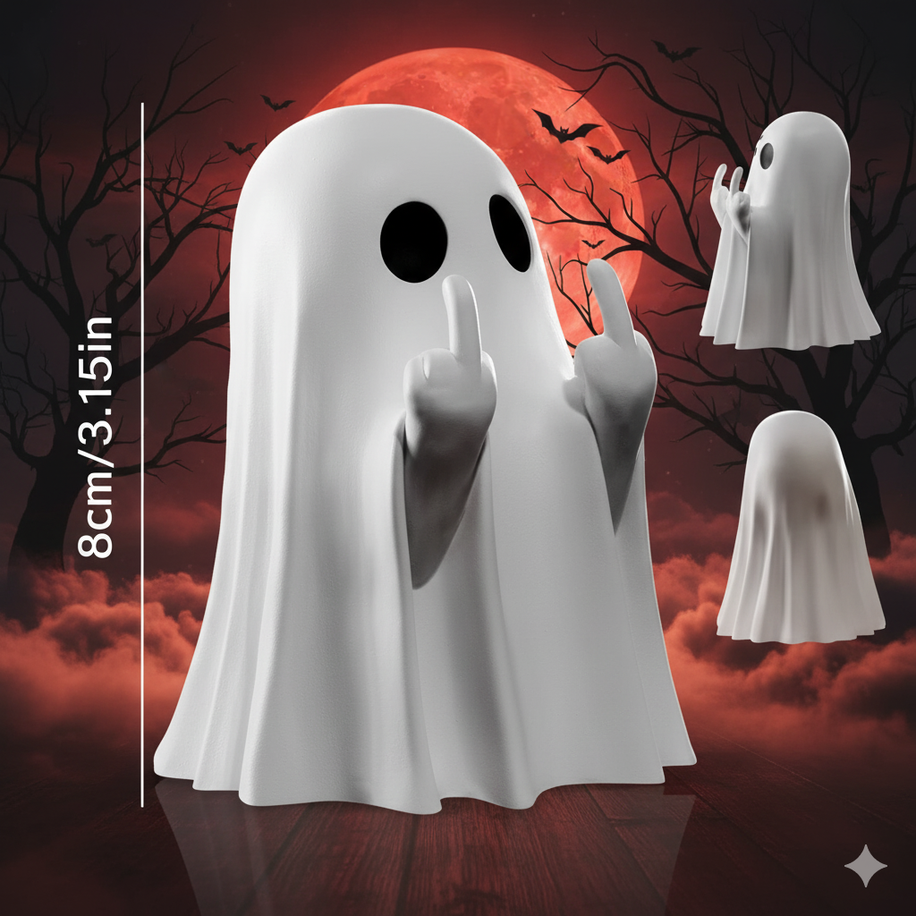 Figurine Fantôme Halloween Insolente – Fantôme Doigt d’Honneur (8 cm, Blanc ou Noir)