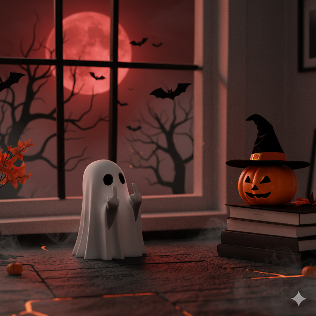 Figurine Fantôme Halloween Insolente – Fantôme Doigt d’Honneur (8 cm, Blanc ou Noir)