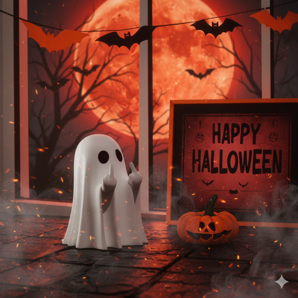 Figurine Fantôme Halloween Insolente – Fantôme Doigt d’Honneur (8 cm, Blanc ou Noir)