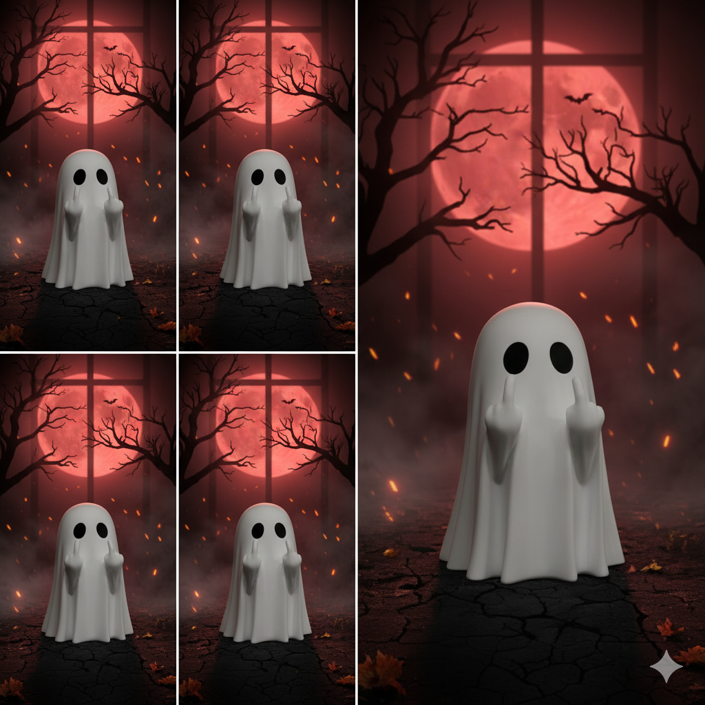 Figurine Fantôme Halloween Insolente – Fantôme Doigt d’Honneur (8 cm, Blanc ou Noir)