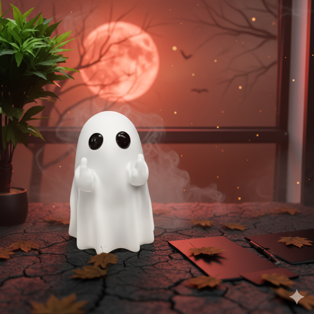 Figurine Fantôme Halloween Insolente – Fantôme Doigt d’Honneur (8 cm, Blanc ou Noir)